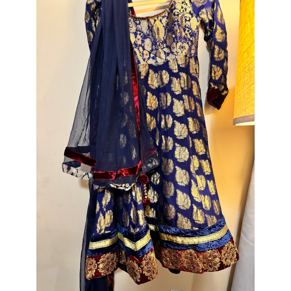 Blue Gold Brocade Anarkali Suit Set with Embroidered Velvet Trim and Dupatta